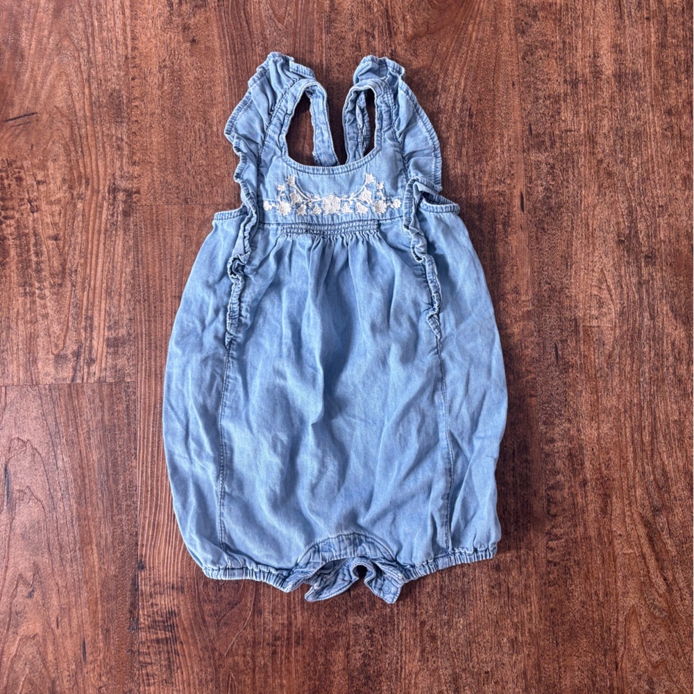 GAP Light Blue Chambray Romper with White Floral Embroidery